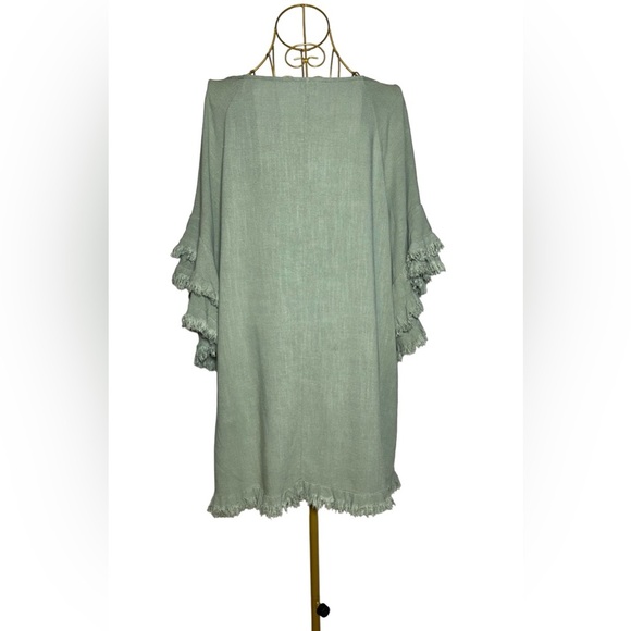 Umgee Boho Linen Blend Long Green Tunic Top w/ Fringed & Tiered Elbow Sleeves XL - Picture 4 of 12